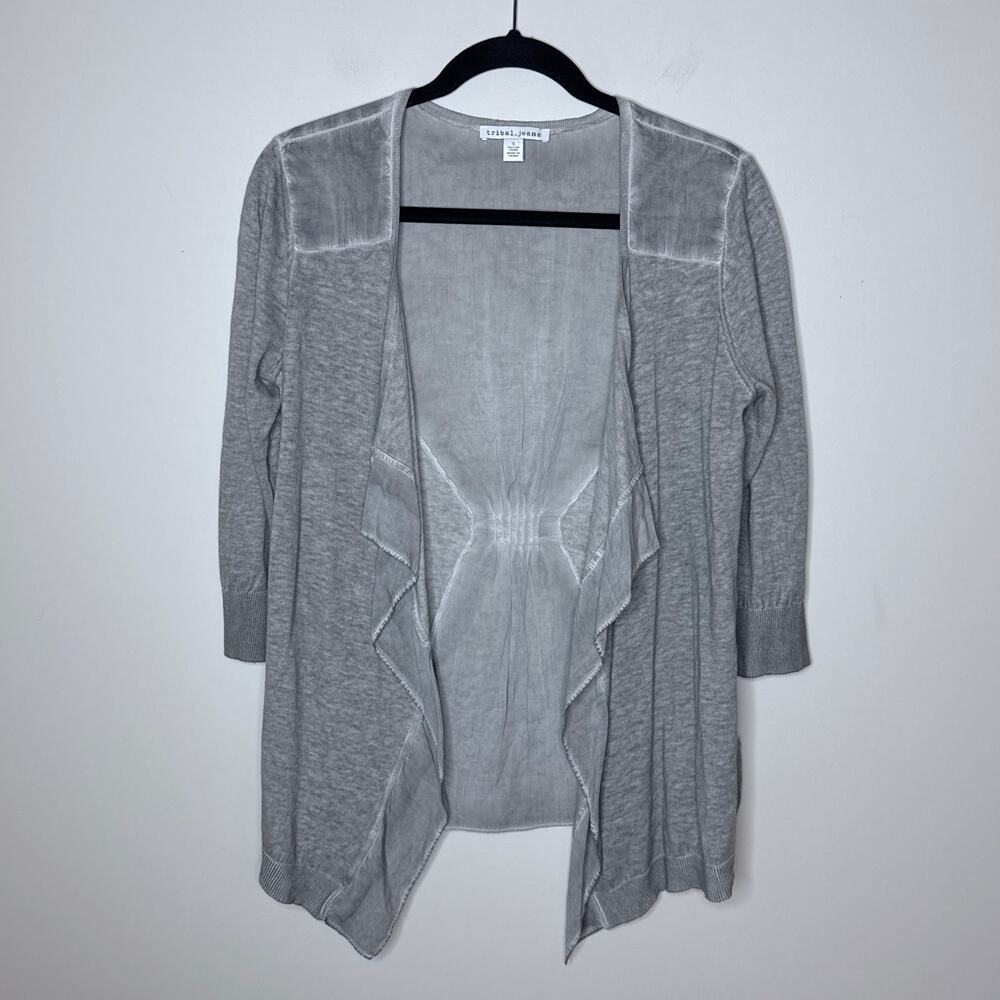 NEW Tribal Jeans Small Gray Linen Blend Open Front Waterfall Cardigan 3/4 Sleeve